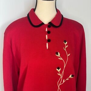 Vintage 80’s Twee Holiday Long-Sleeve Sweater Top Velvet Trim Floral Embroidery‎